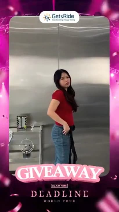 Girl posing sideways in giveaway frame with Get&Ride branding.