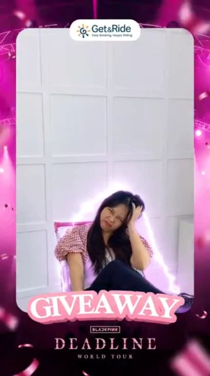 Girl sitting and smiling with giveaway frame and Get&Ride branding.